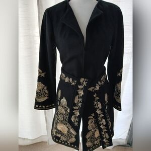 Venus Size 4 Embroidered Trench Coat Jacket Black Gold Floral Belted  FL